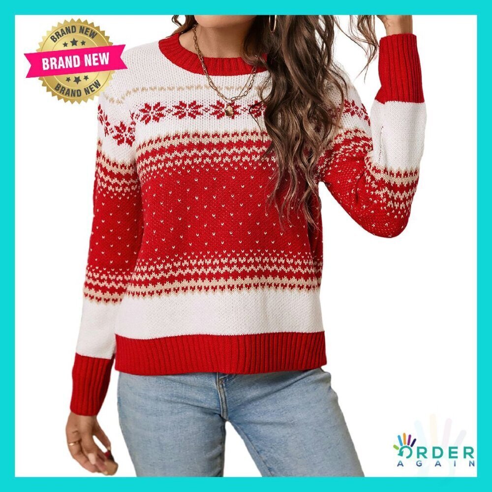 Festive Fair Isle Pullover Cozy Ribbed Knit Crewneck Holiday Sweater